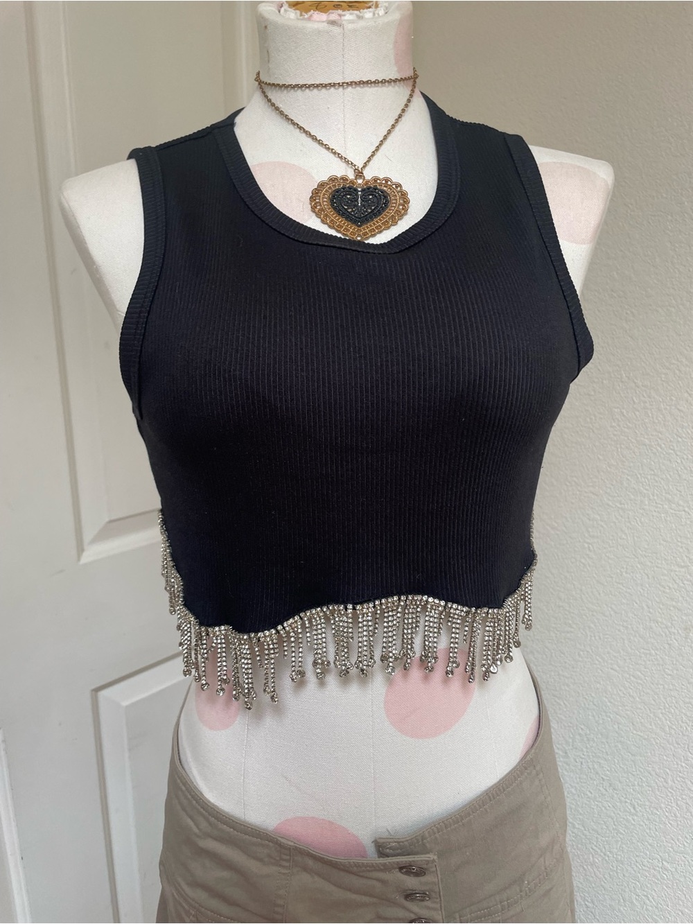 Black Beaded Fringe Ribbed Crop Tank Top